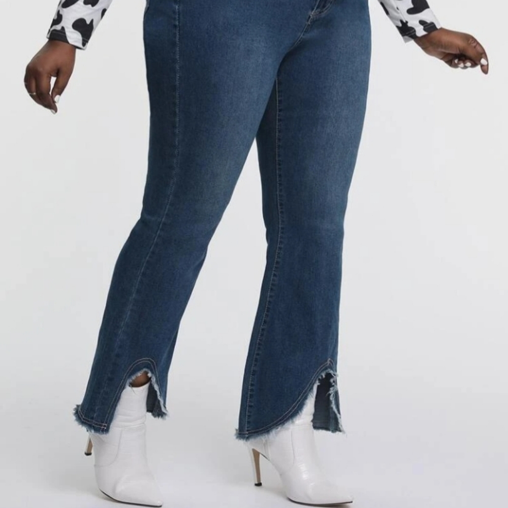 SXY Plus High Waist Raw Hem Flare Jeans.